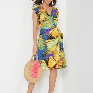 Like New New York & Company Blue and Yellow Firework Wrap Dress